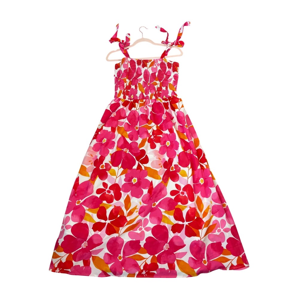 PrettyGarden Pink Floral Smocked Maxi Dress Tie Strap Pockets Size‎ M sundress